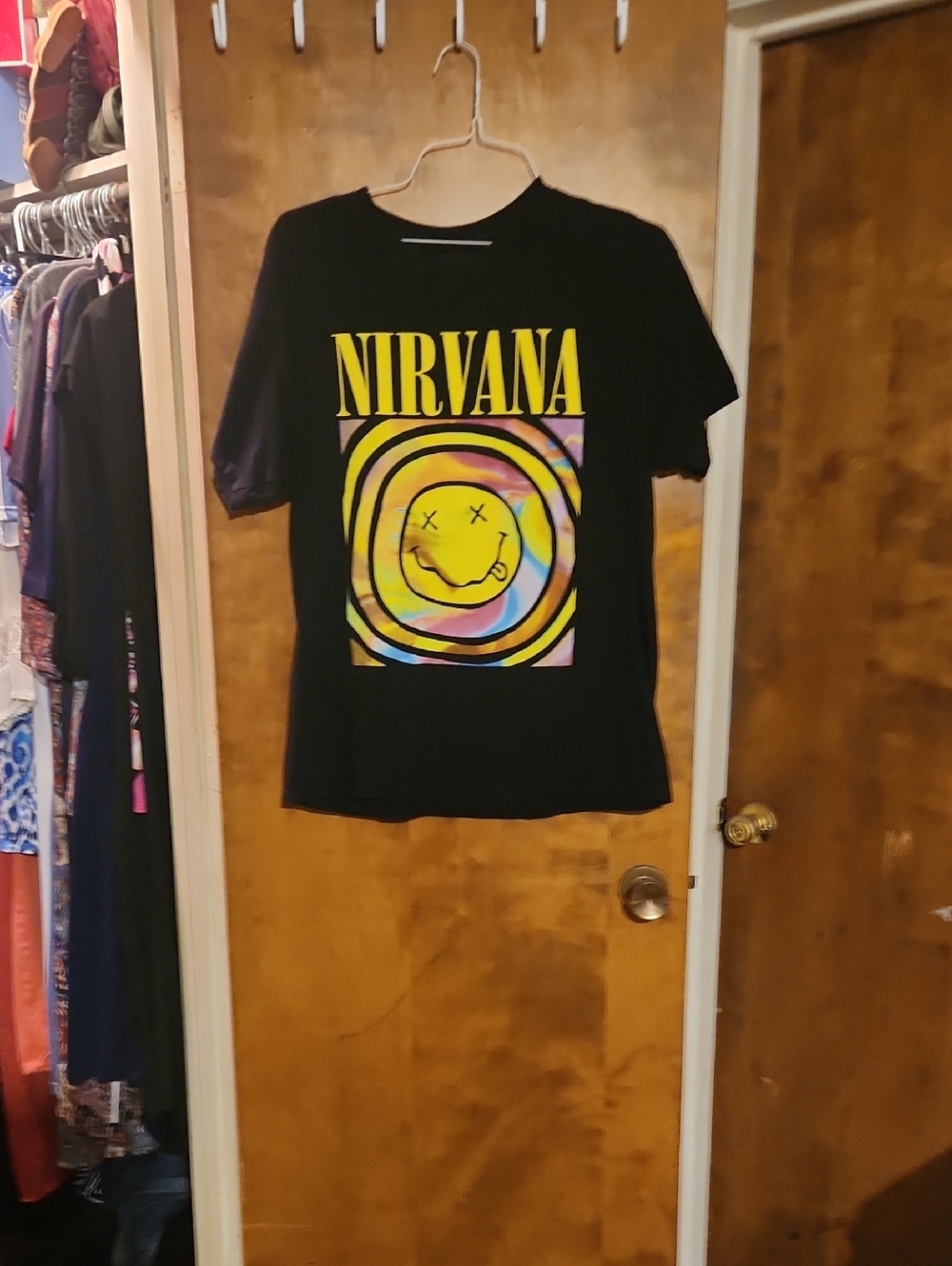 NIRVANA Black Short Sleeve Tee with Yellow Logo and Multicolor Smiley
